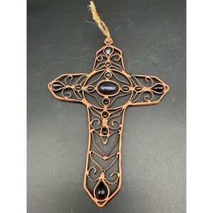 Vintage Copper Tone Wall Cross with Black Glass Cabochons Ornate Religious Decor